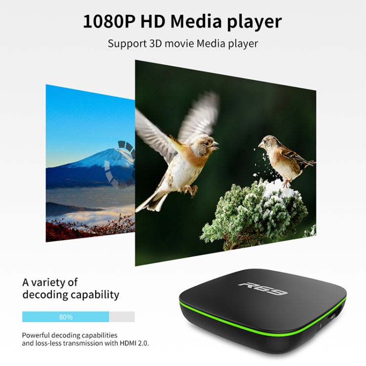 R69 1080P HD Smart TV BOX Android 4.4 Media Player with Remote Control, Quad Core Allwinner H3, RAM: 1GB, ROM: 8GB, 2.4G WiFi, LAN, UK Plug - Allwinner H3 by buy2fix | Online Shopping UK | buy2fix